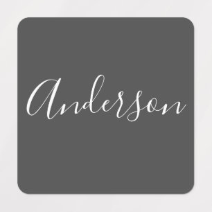Étiquettes Votre nom   Élégant script blanc sur gris