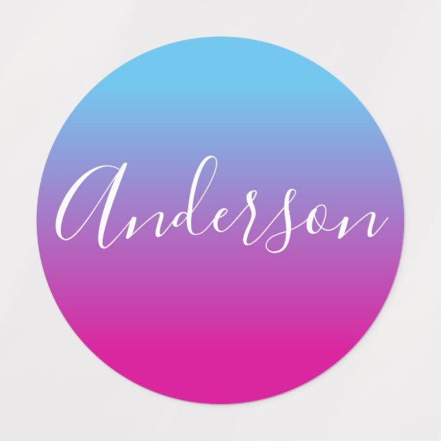 Étiquettes Votre nom | Script blanc sur dégradé bleu/rose (Design 1)