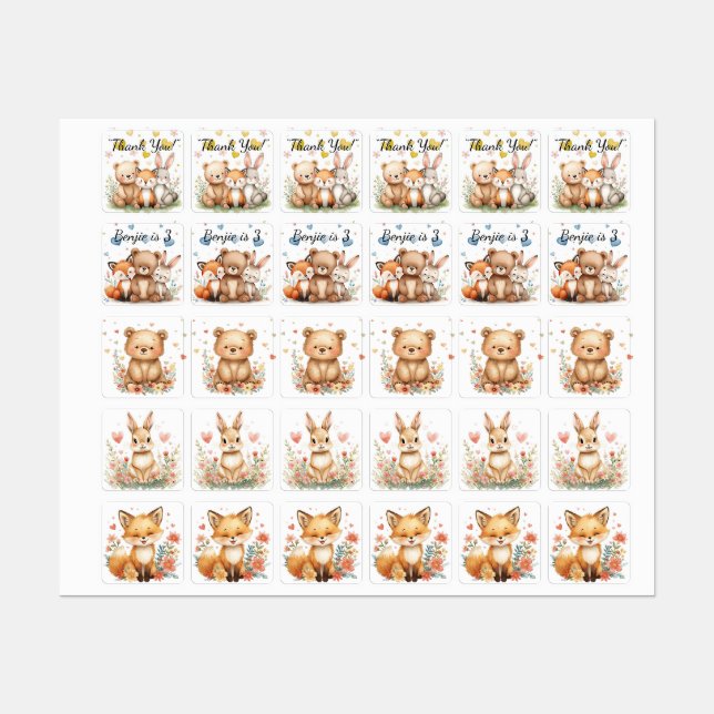 Étiquettes Woodland Animals Cute Bear Fox Bunny Kids Birthday (Feuille)