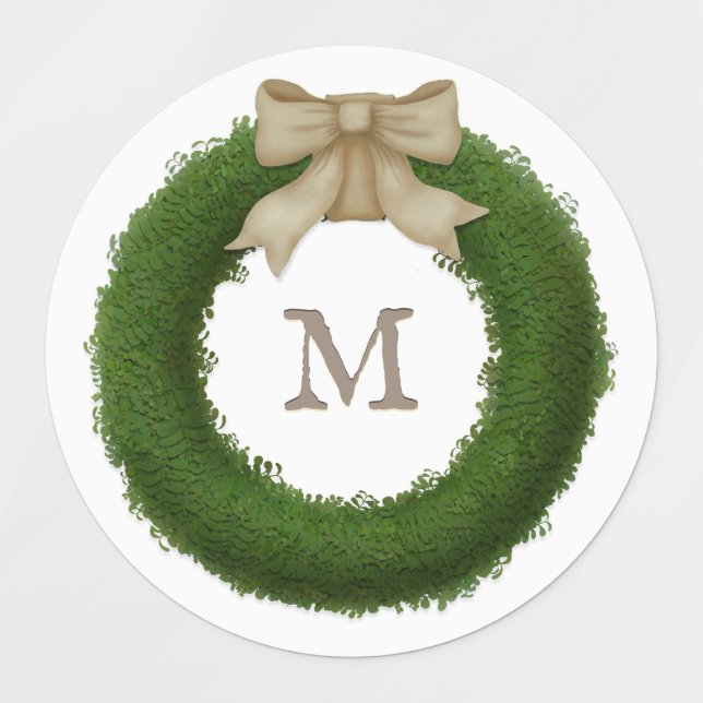 Étiquettes Wreath Boxwood Avec Bow Rustique Personnalisé Mono (Design 1)