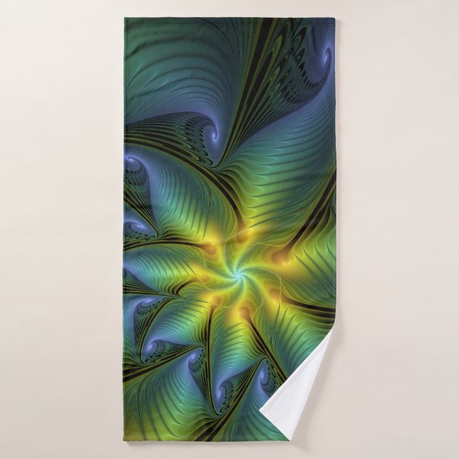Etoile Abstraite, Bleu brillant Vert Or Fractal Ar (Serviette de bain)