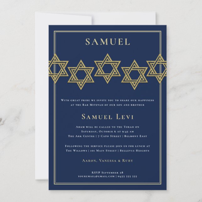 Étoile de David d'or des invitations | de Mitzvah (Devant)