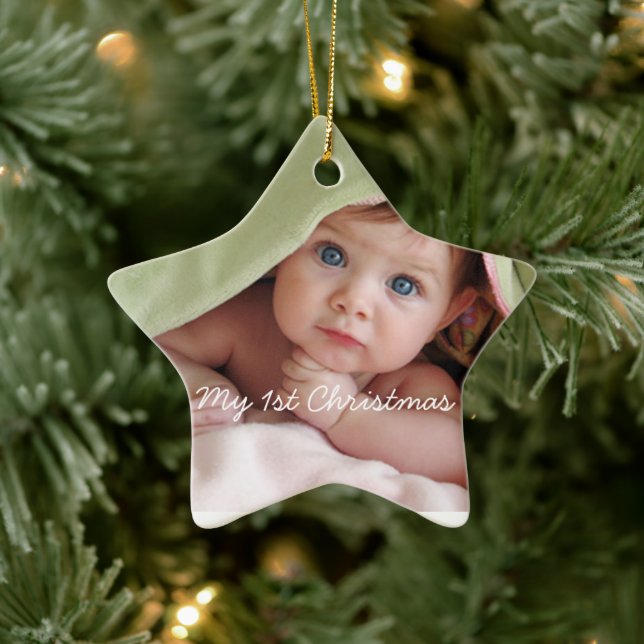 Étoile En Céramique Mon premier ornement photo avec points roses brill (Arbre)