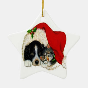 Étoile En Céramique Ornement de chien et de chat de Noël