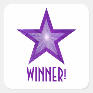 Étoile violet 'GAGNANT ! ' carré autocollant blanc