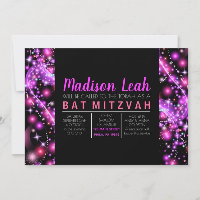 ÉTOILES À COULEUR ROSE Invitation Bat mitzvah (Devant)