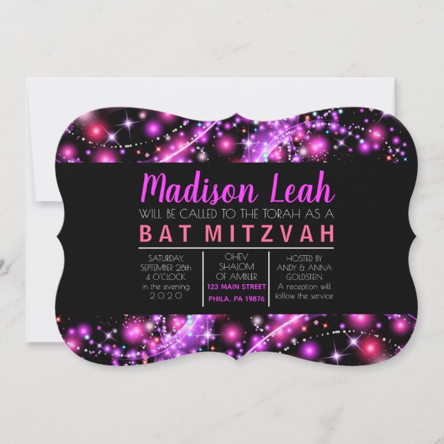 ÉTOILES À COULEUR ROSE Invitation Bat mitzvah (Devant)