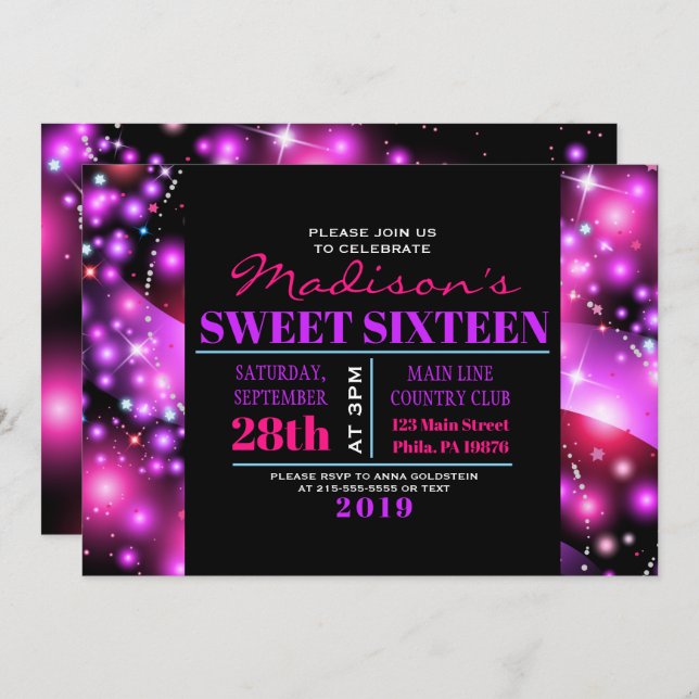 ÉTOILES À COULEUR ROSE Sweet sixteen 16 Invitation (Devant / Derrière)