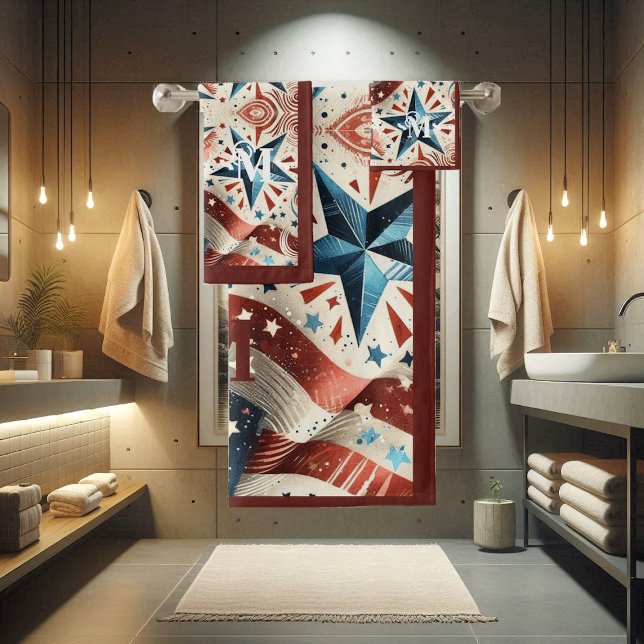 Étoiles brillantes rouges blanches et bleues et mo (Red White and Blue Shining Stars & Stripe Monogram Bath Towel Set)