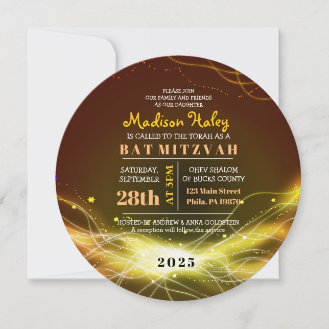 ÉTOILES DE NEON Bat mitzvah Invitation OR (Devant)