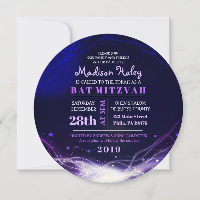 Étoiles de néon brillant Invitation Bat mitzvah vi (Devant)