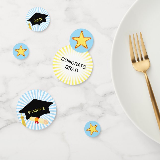 Étoiles de remise de diplômes sur confettis bleu c (Groupe)