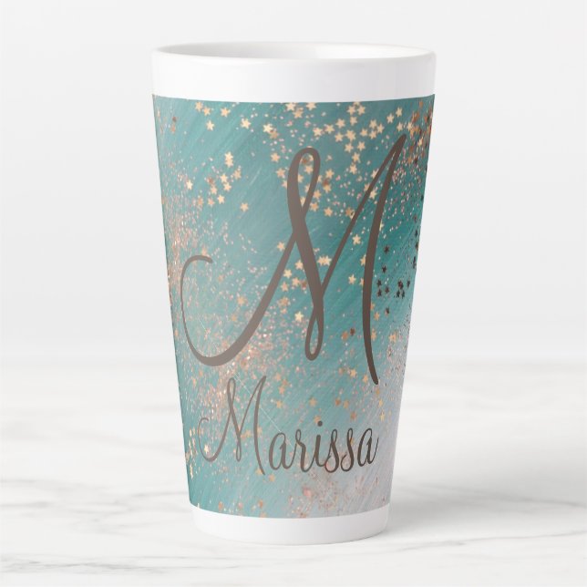 Étoiles d'or Monogram sur Mug en latte Turquoise (Devant)