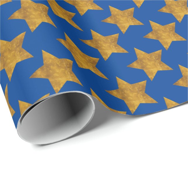Étoiles d'or sur papier d'enveloppement cadeau ble (Coin rond)