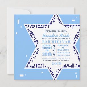 Étoiles et Carré Bar Bat mitzvah Invitation Bleu