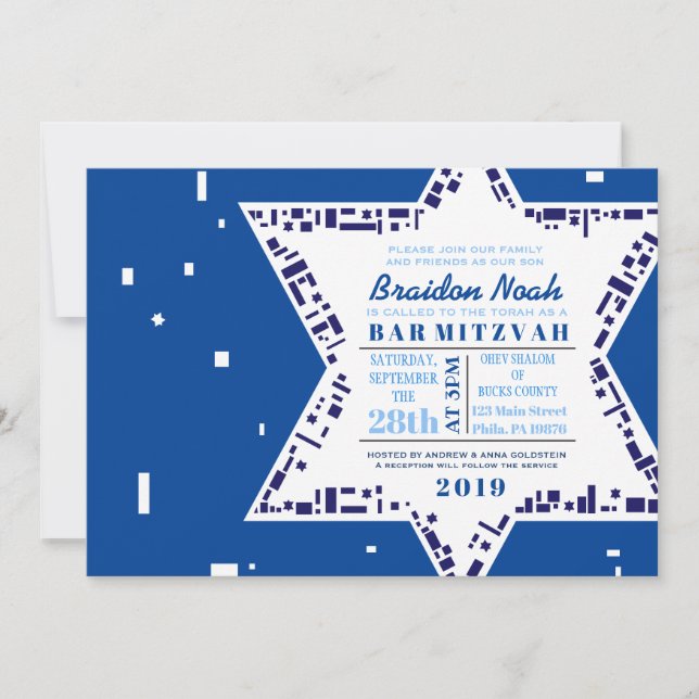 Étoiles et Carré Bar Bat mitzvah Invitation Bleu (Devant)