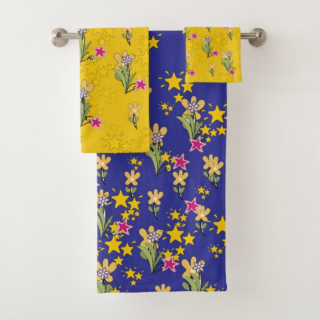 Étoiles et fleurs bleu profond jaune  (En situation)