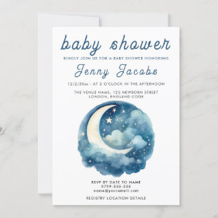 Etoiles et lune rêve baby shower bleu invitation