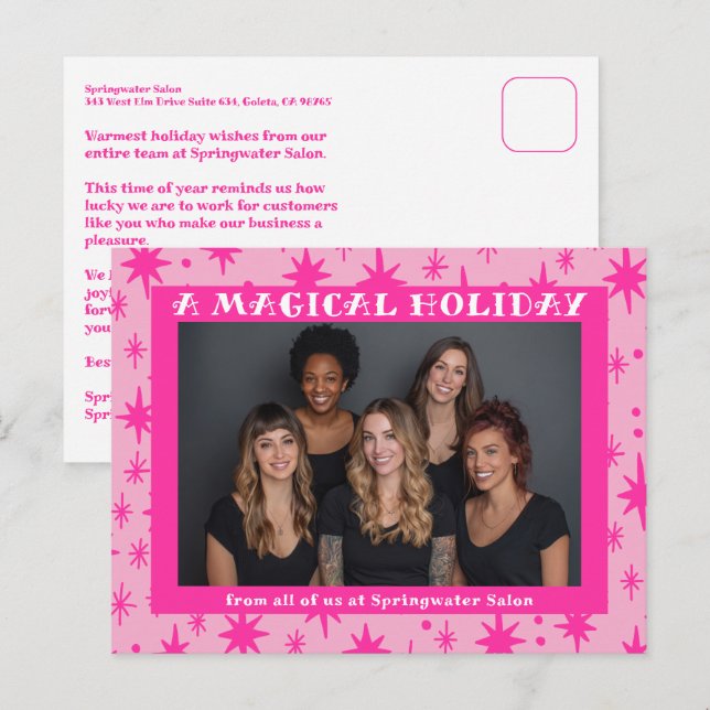 Étoiles joyeuses Carte de Noël rose Entreprise per (Devant / Derrière)