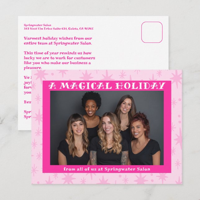 Étoiles Joyeuses Carte de Noël Rose Entreprise Per (Devant / Derrière)