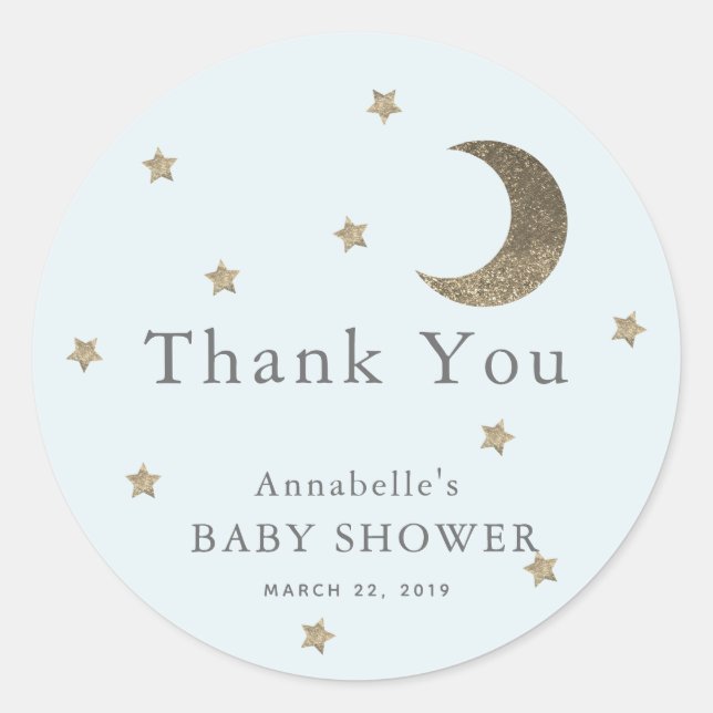 Étoiles & Lune Baby shower Bleu Merci Sticker (Devant)