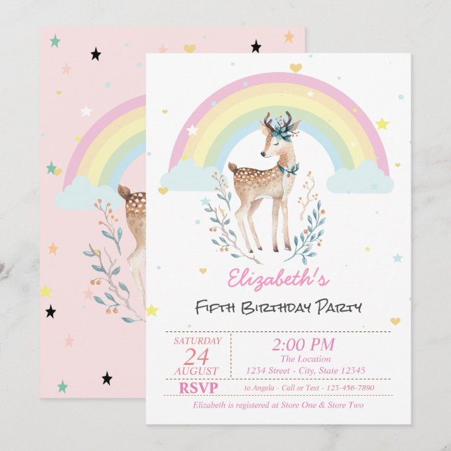 Étoiles Magique Rainbow Reindeer Invitation Annive (Devant / Derrière)