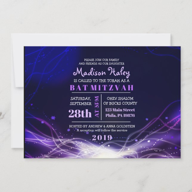ÉTOILES NÉON ÉCLAIRANTES Invitation Bat Mitzvah Vi (Devant)
