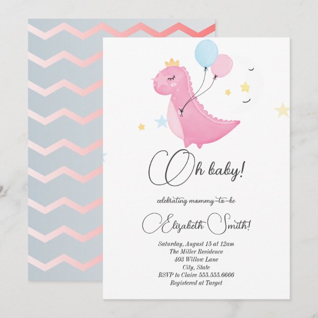 Étoiles, points, invitation baby shower dinosaure  (Devant / Derrière)