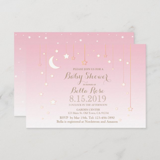 étoiles rose lune fille douche bébé invitations (Devant / Derrière)
