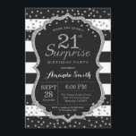 Étonnez la 21ème invitation d'anniversaire.<br><div class="desc">Étonnez la 21ème invitation d'anniversaire pour les femmes ou l'homme. Noir et invitation de fête d'anniversaire d'or. Confettis argentés de parties scintillantes. Rayures noires et blanches. Digitals imprimables. Pour davantage de personnalisation,  cliquez sur svp la "personnaliser il" bouton et utilisez notre outil de conception pour modifier ce modèle.</div>