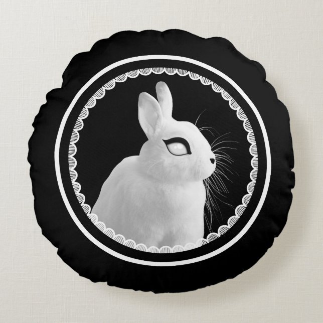 Étrange Coussin Rond Lapin Blanc (Devant)