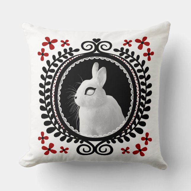 Étrange lapin blanc : Coussin jeté blanc, noir et  (Recto)