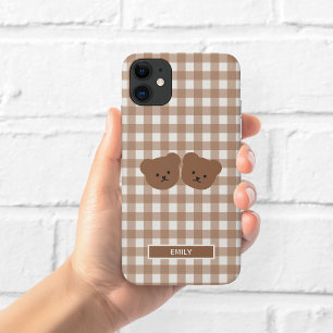 Étui de téléphone à carreaux Ourson Brun Mignon