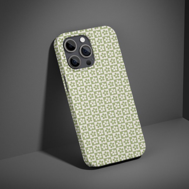 Étui de téléphone à carreaux verts floraux pour fe (Green Floral Checkered Tough Phone Case – Gift for Women, Girls, Grandma, Aunt, & Best Friends)