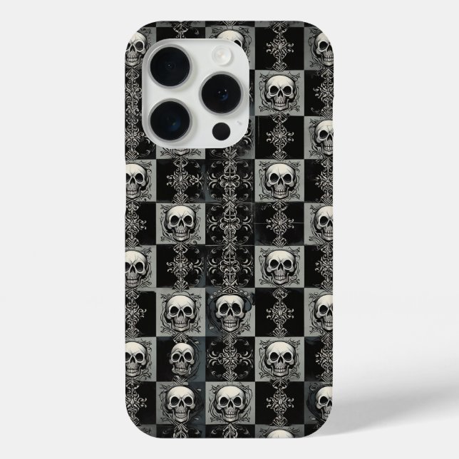 Étui de téléphone à crâne gothique et damier damas (Verso)