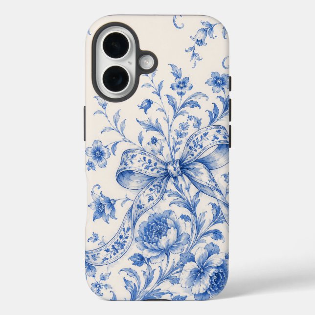 Étui de téléphone à ruban toile fleuri bleu blanc (Verso)