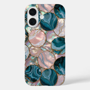 Étui de téléphone Cercles de marbre rose sarcelle 