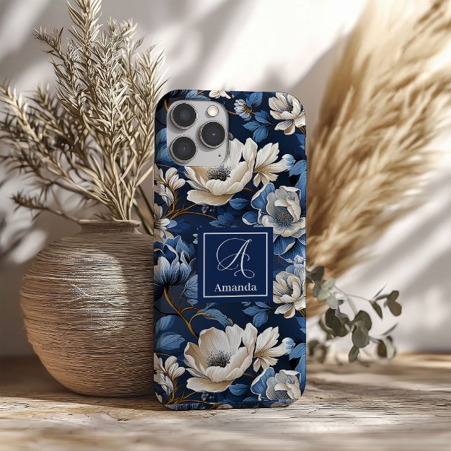Étui de téléphone conçu pour iPhone Glam Bleu et F (Glam Blue and Ivory Flowers Designer iPhone Case)
