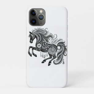Étui de téléphone en art boho mandala cheval noir 