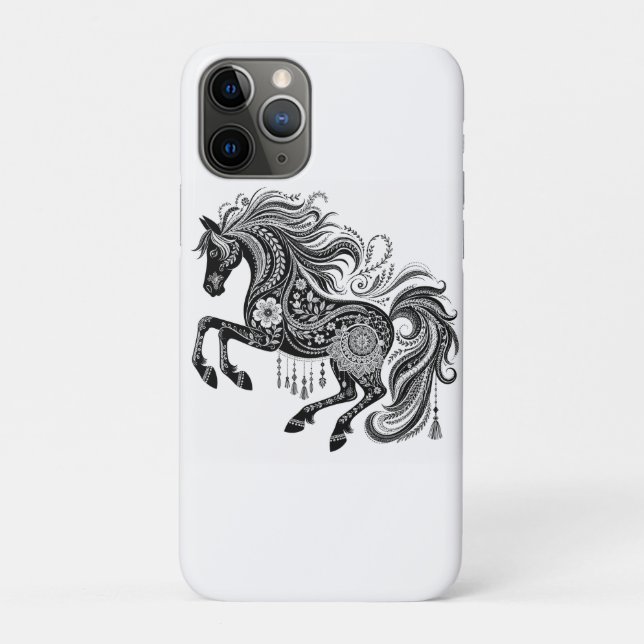Étui de téléphone en art boho mandala cheval noir  (Dos)