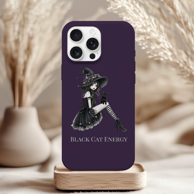 Étui de téléphone Energy Gothic Witch Chat Noir (Black Cat Energy Gothic Witch Phone Case on a neutral boho table.)