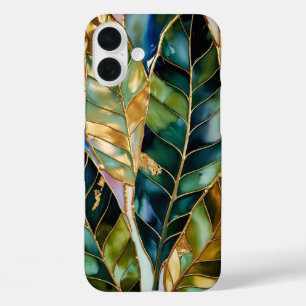 Étui de téléphone esthétique en feuilles d'or vert