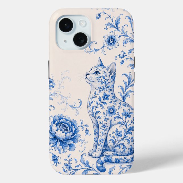 Étui de téléphone Fleur de Chat en Porcelaine Bleu (Verso)