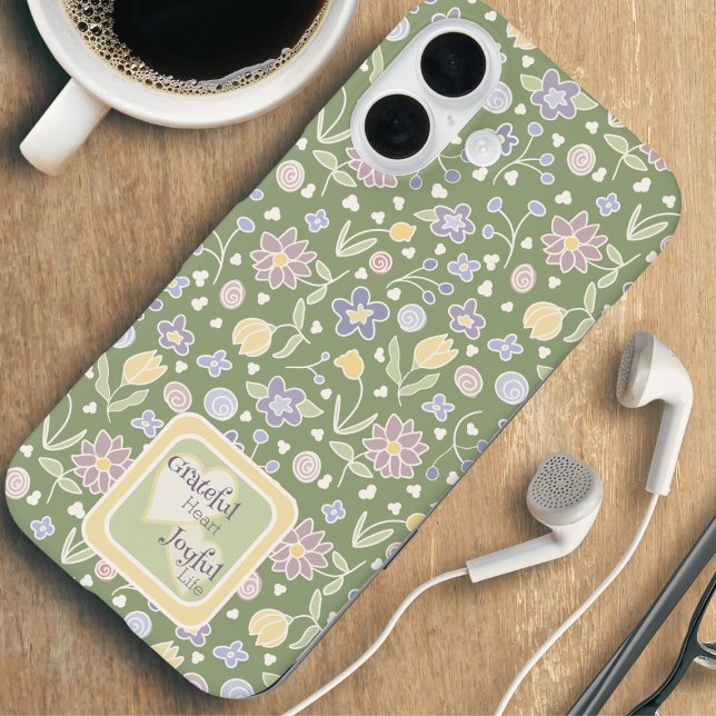 Étui de téléphone Fleur de Vie Cœur Reconnaissant (Grateful Heart Joyful Life Floral Phone Case – Inspirational Cottagecore Protection for Her)