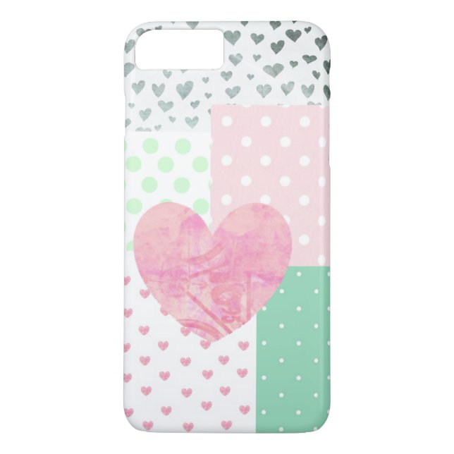 Étui de téléphone rose, vert menthe et cœurs argen (Dos)
