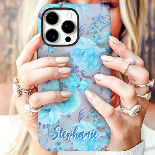 Étui Fleur Vintage Bleu Nom Personnalisé (Créateur téléchargé)