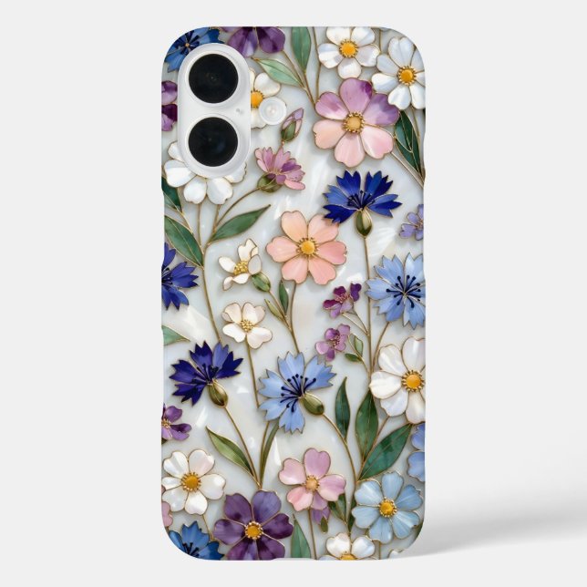 Étui floral pour iPhone bleu blanc fleurs sauvages (Verso)