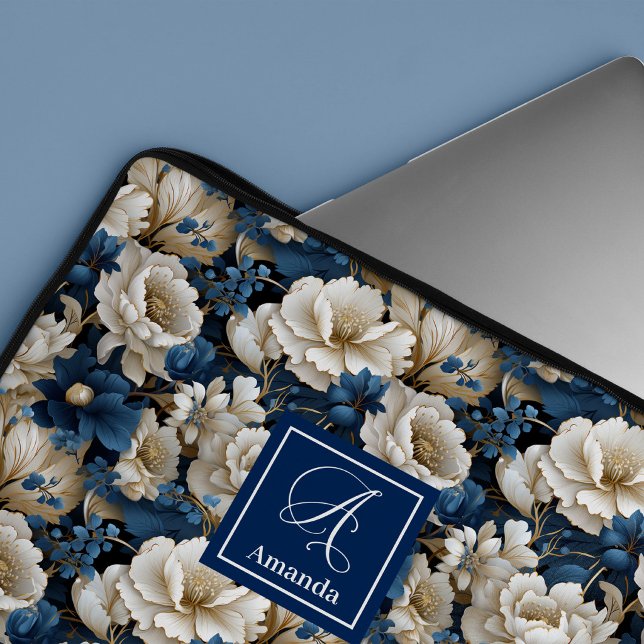 Étui Housse pour Ordinateur Portable Fleurs Bleues (Designer Blue Flowers Chic Laptop Sleeve Case)