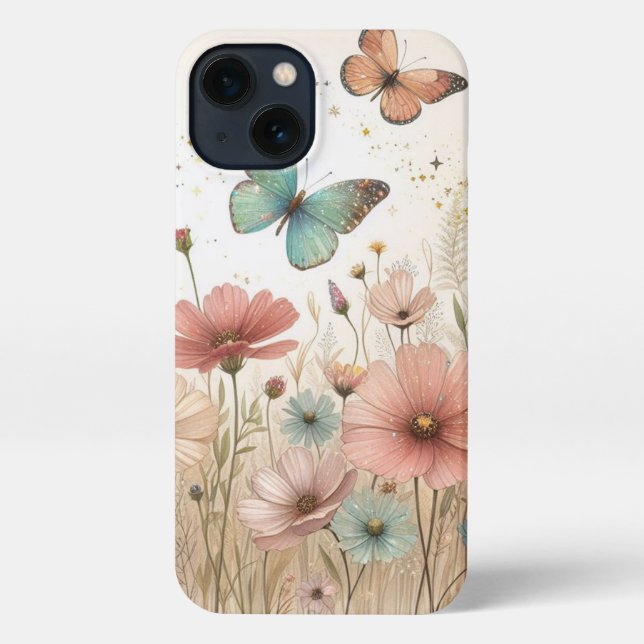Etui iPhone 13 Boho Wild Flowers et Butterflies coque iphone (Verso)