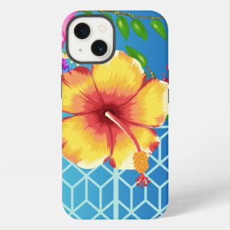 Etui iPhone 13 Coque iPhone 13, fleur dorée sur fond bleu.
